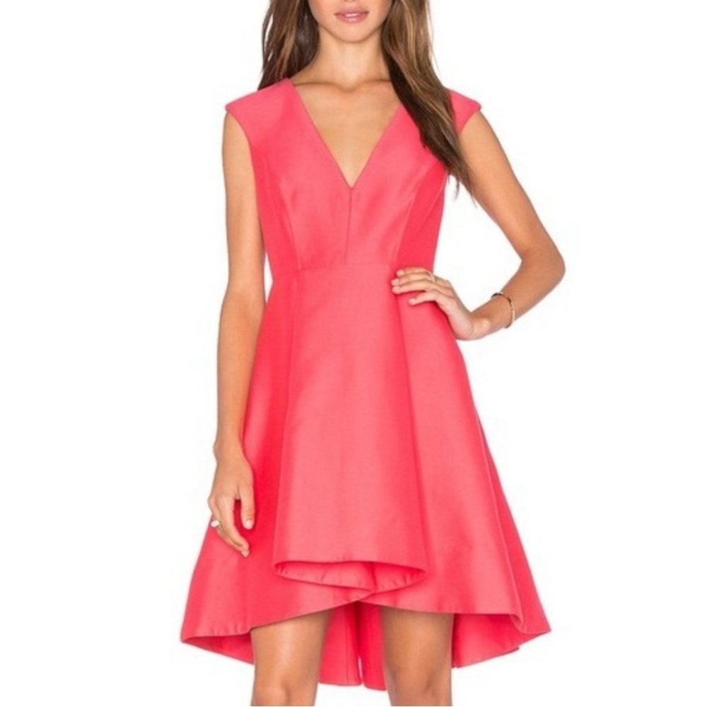 Halston Heritage High-Low Cocktail Dress In Coral Cotton-Silk Blend